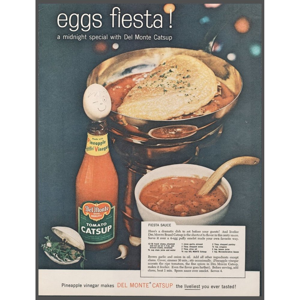 195 Del Monte Catsup Ketchup Vintage Print Ad Eggs Fiesta Pineapple Wall Art 50s